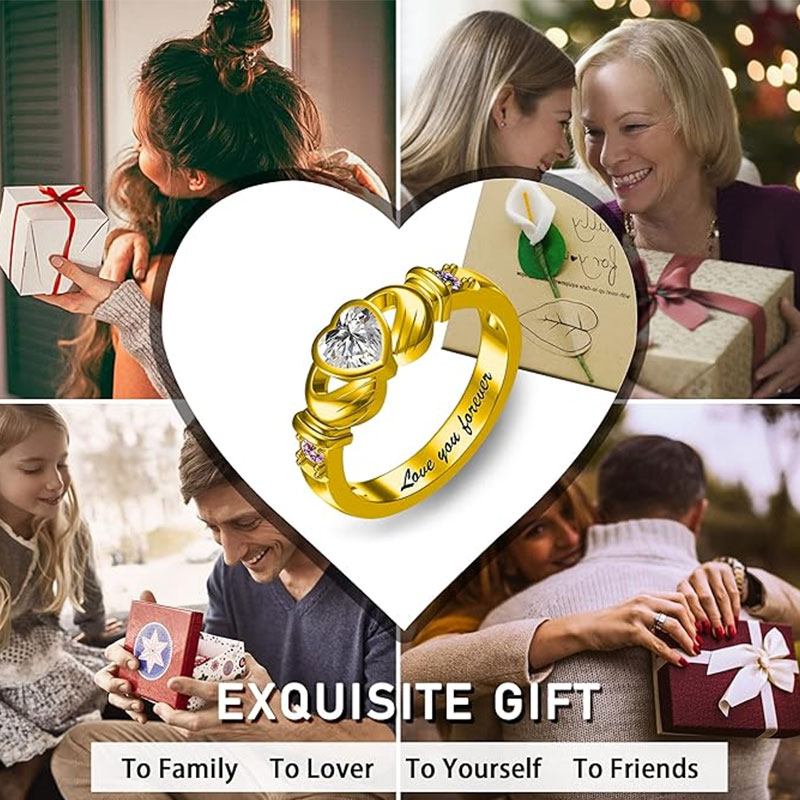 Sotiya Heart Cut Claddagh Ring Custom 12 Birthstone Engraved Name Promise Ring Sterling Silver-Sotiya