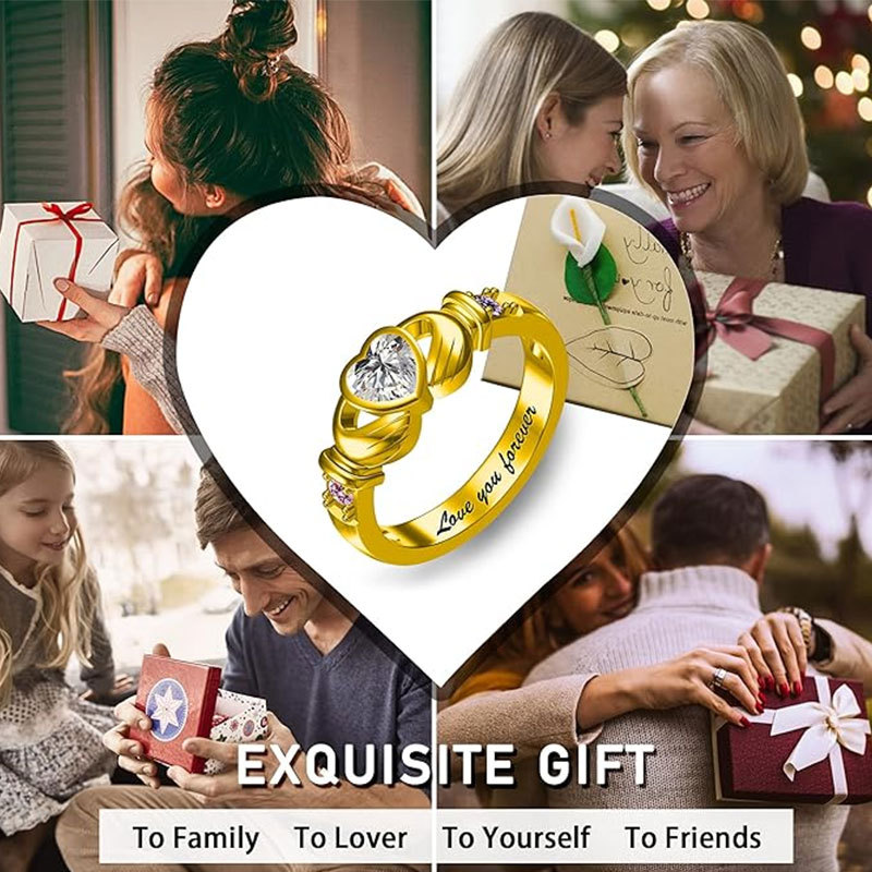 Sotiya Heart Cut Claddagh Ring Custom 12 Birthstone Engraved Name Promise Ring Sterling Silver-Sotiya