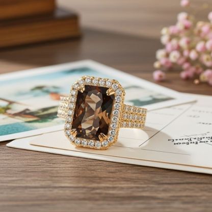 Sotiya Halo Radiant Cut Coffee Engagement Ring Sterling Silver