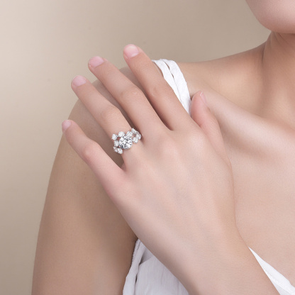 Sotiya Round Cut Moissanite Cluster Ring Sterling Silver-Sotiya