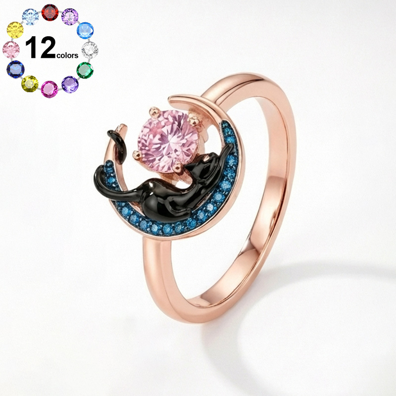 Sotiya 12 Birthstones Crescent Moon & Black Cat Round Cut Ring Sterling Silver-Sotiya