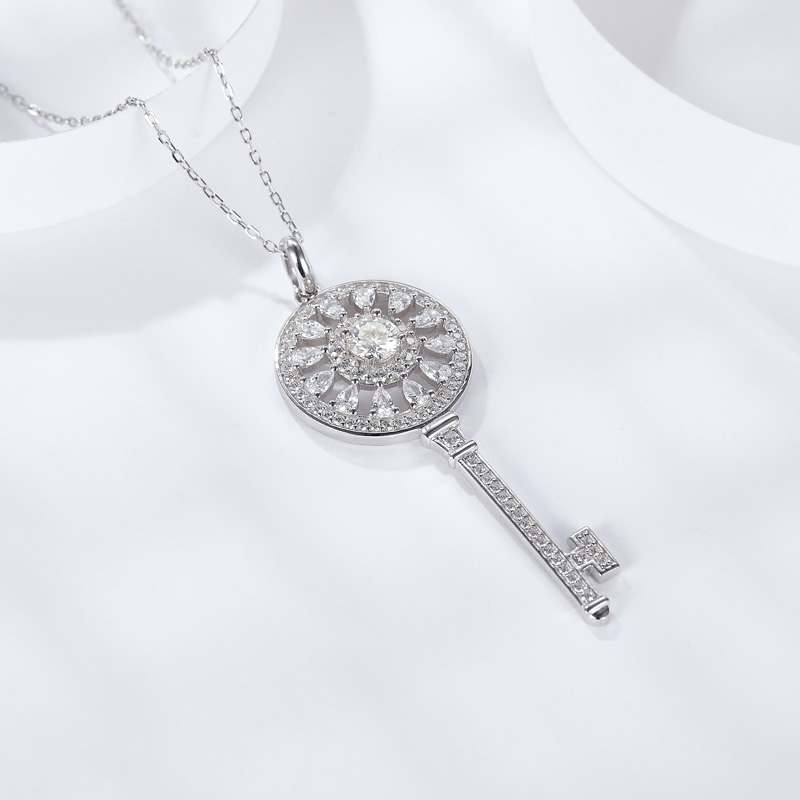 Sotiya Flower and Key Design Halo Round Cut Moissanite Necklace Sterling Silver-Sotiya