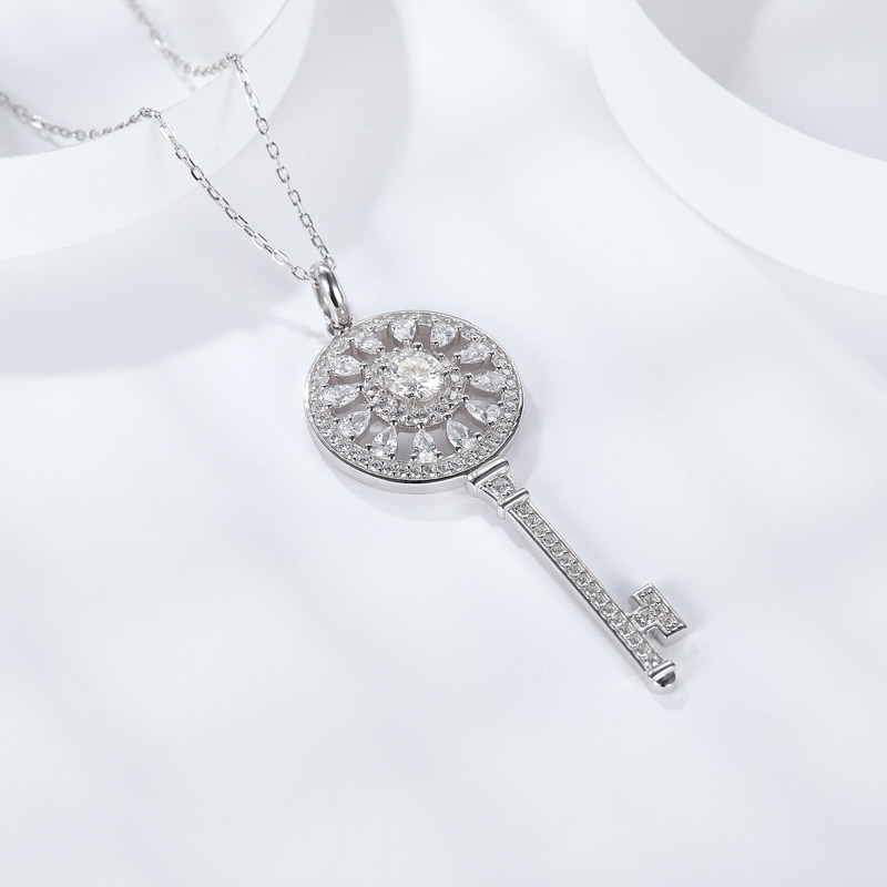 Sotiya Flower and Key Design Halo Round Cut Moissanite Necklace Sterling Silver-Sotiya