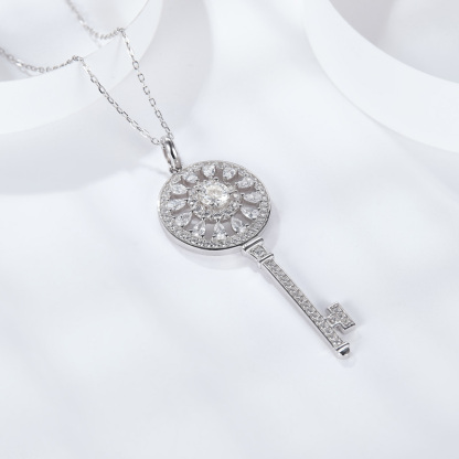 Sotiya Flower and Key Design Halo Round Cut Moissanite Necklace Sterling Silver-Sotiya