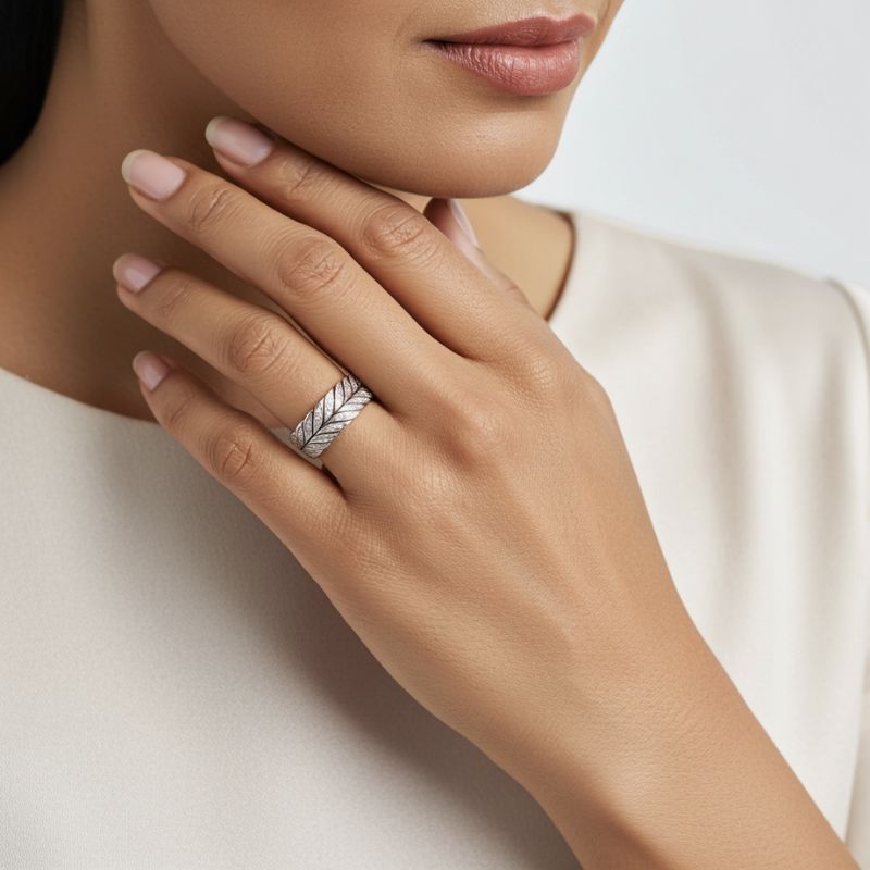 Sotiya Feather Design Unisex Coffee Chevron Band Ring Sterling Silver-Sotiya