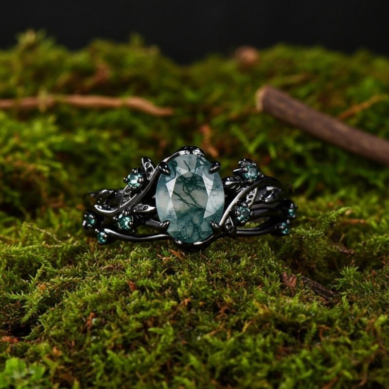 Sotiya Nature Inspired Oval Cut Green Moss Agate Wedding Bridal Ring Set Sterling Silver-Sotiya