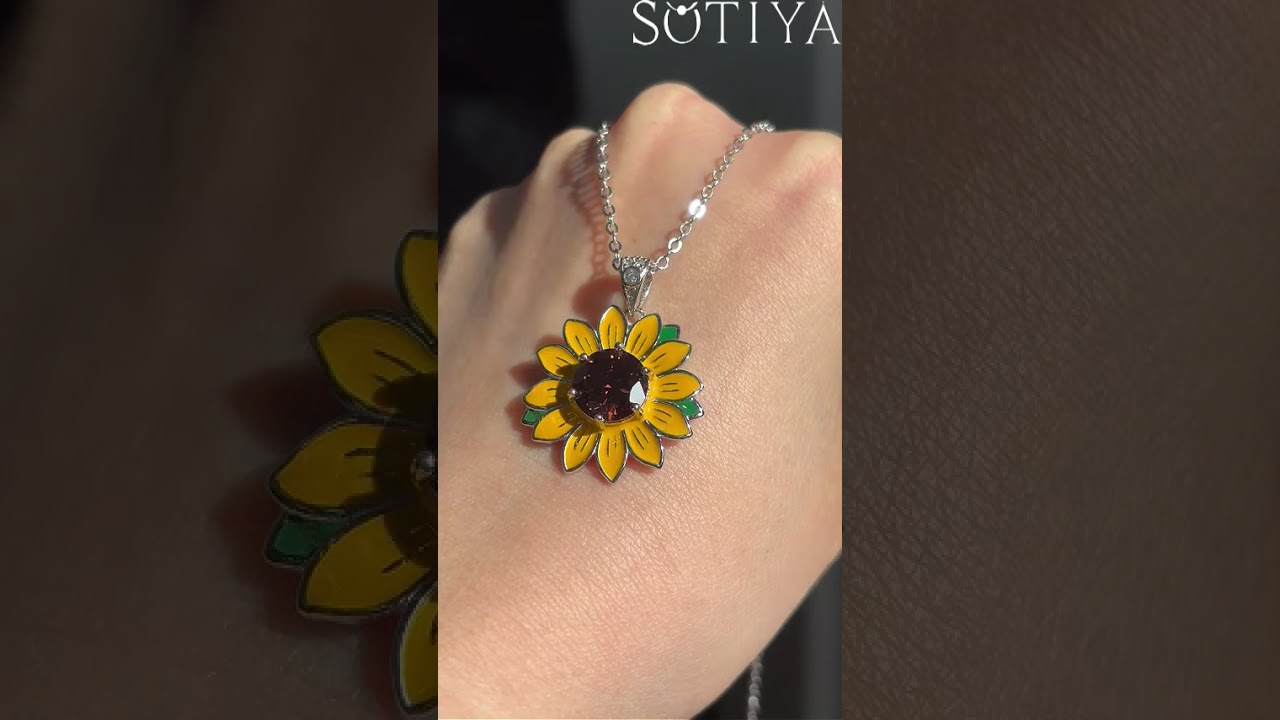 Sotiya Artist Collection Famous Painting Sunflower Enamel Round Cut Coffee Necklace Sterling Silver