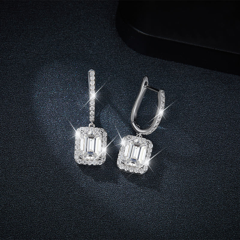 Sotiya Halo Emerald Cut Moissanite Drop Earrings Sterling Silver-Sotiya
