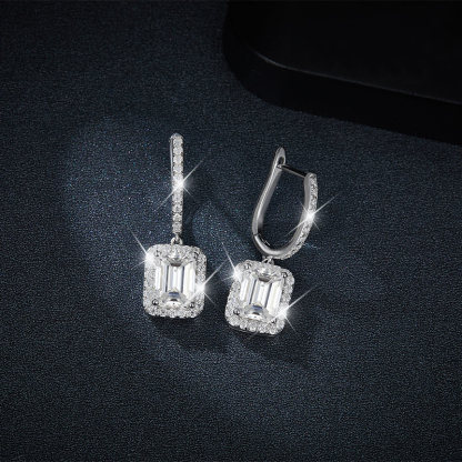 Sotiya Halo Emerald Cut Moissanite Drop Earrings Sterling Silver-Sotiya