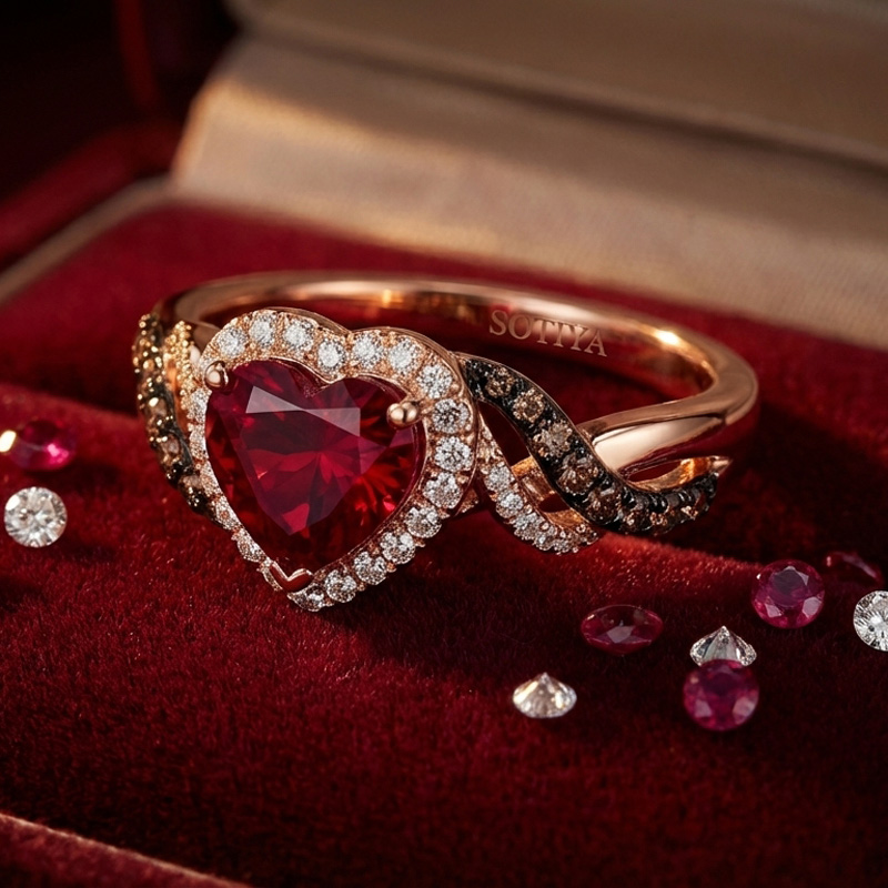 Sotiya Two Tone Twist Shank Halo Heart Cut Coffee Engagement Ring Sterling Silver-Sotiya