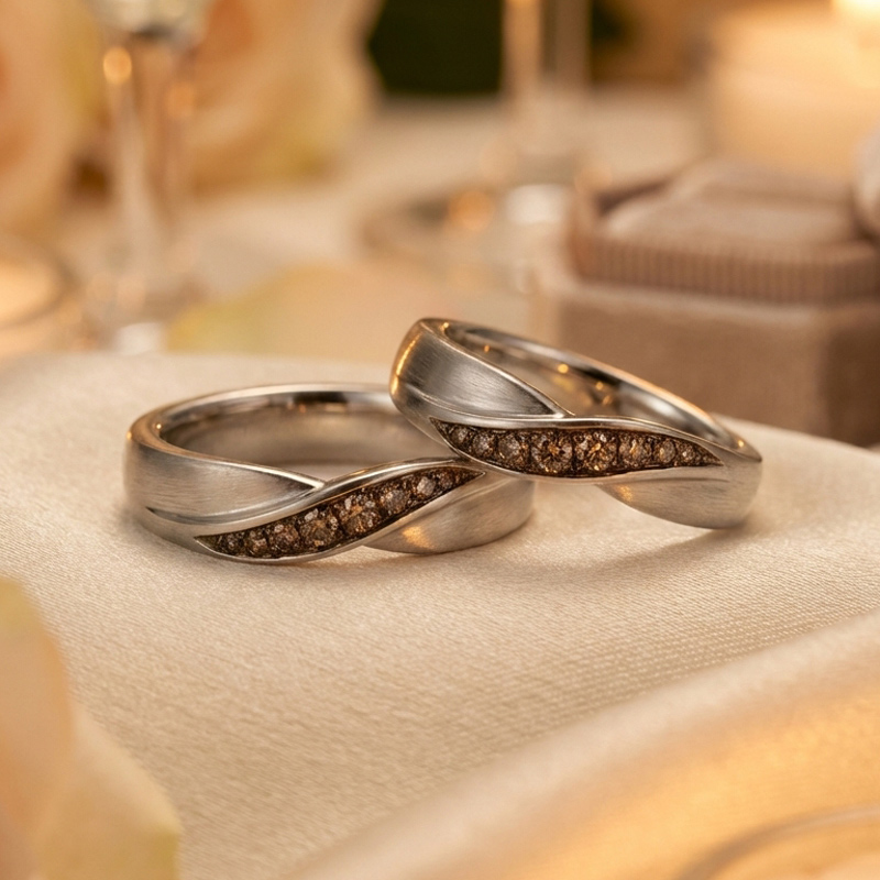 Sotiya Wave-shaped Round Cut Coffee Couple Rings Sterling Silver-Sotiya
