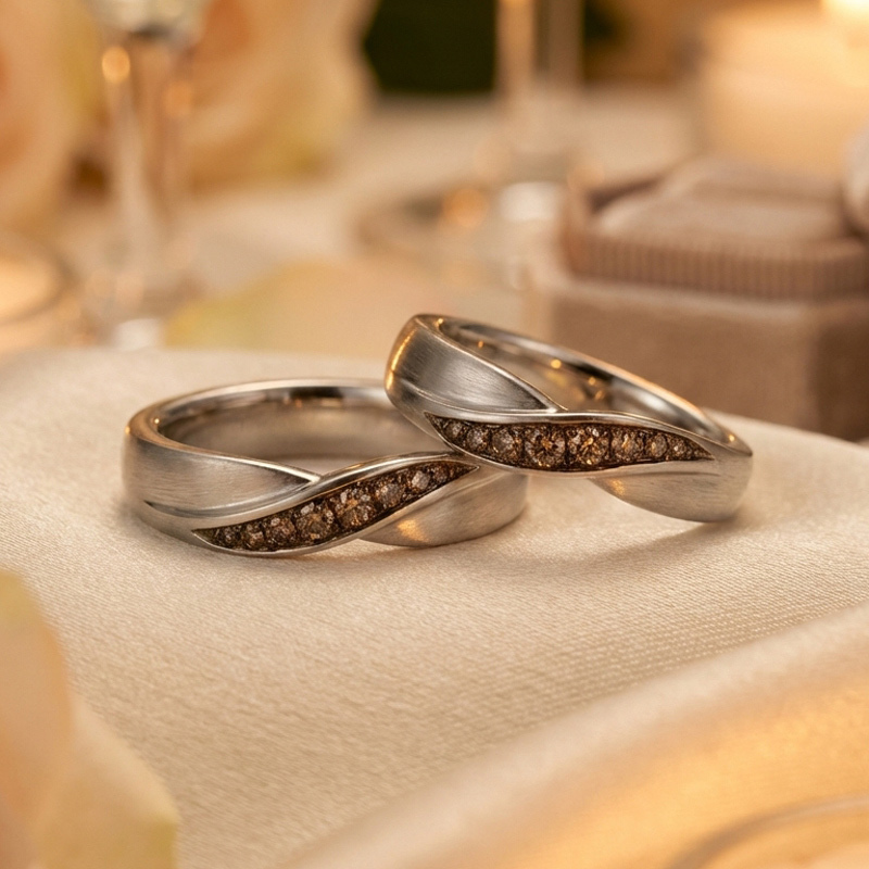 Sotiya Wave-shaped Round Cut Coffee Couple Rings Sterling Silver
