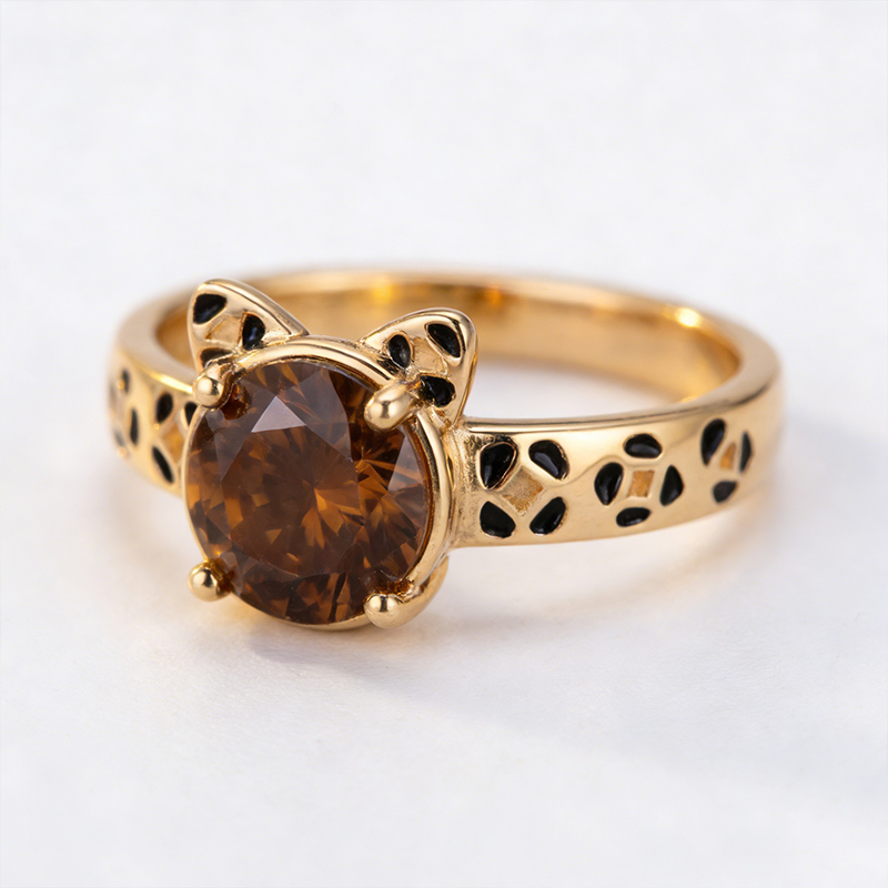 Sotiya Cat Design Round Cut Leopard Print Coffee Enamel Ring Sterling Silver-Sotiya