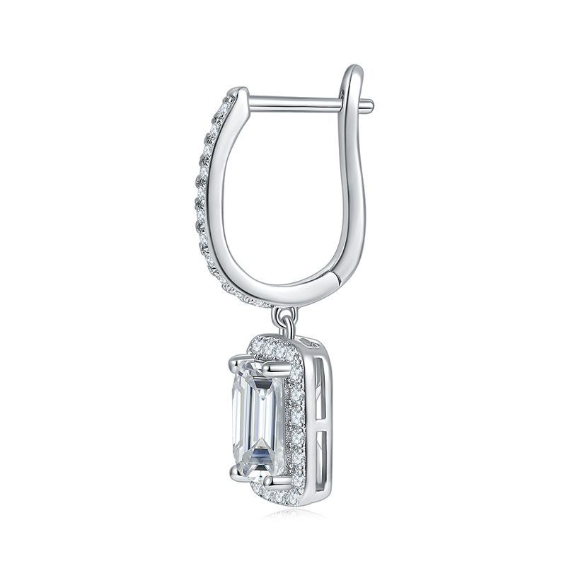 Sotiya Halo Emerald Cut Moissanite Drop Earrings Sterling Silver-Sotiya