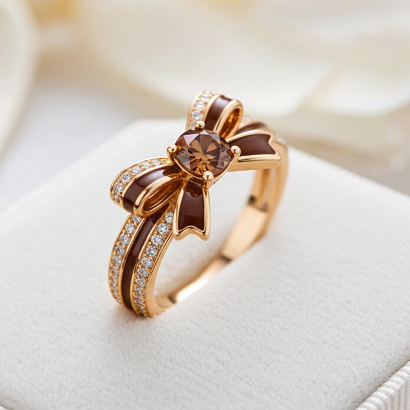 Sotiya Cushion Cut Bowknot Coffee Enamel Promise Ring Sterling Silver-Sotiya