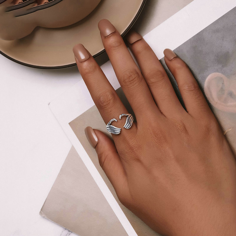 Sotiya Halloween Skeleton Hand Heart Claddagh Openable Ring Sterling Silver-Sotiya