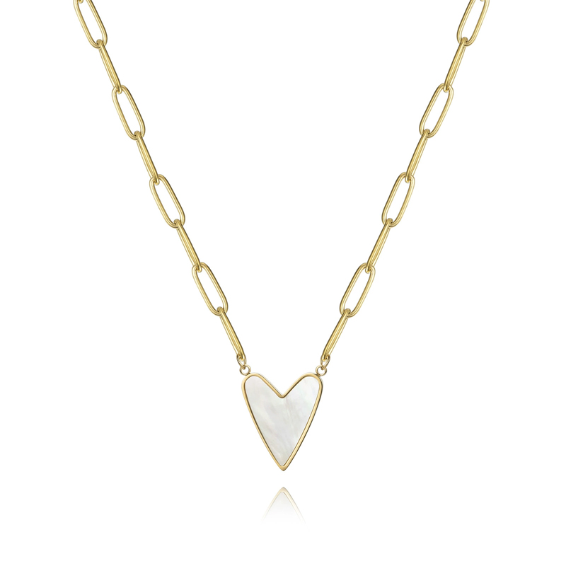 Sotiya Heart-shaped Mother of Pearl Paperclip Chain Necklace Titanium Steel-Sotiya
