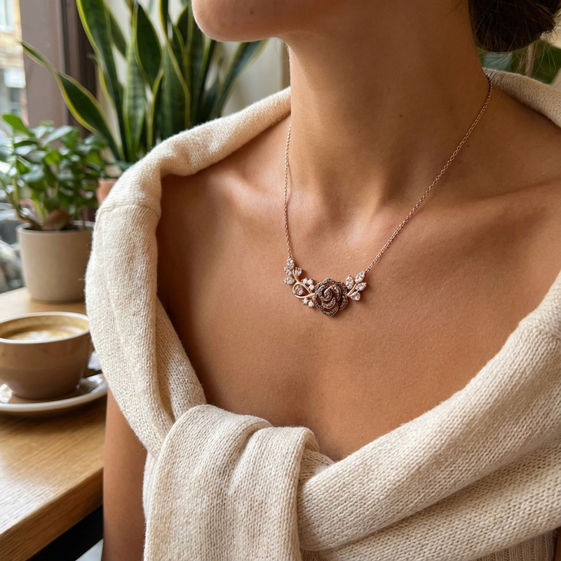 Sotiya Rose and Leaf Synthetic Morganite Necklace Sterling Silver-Sotiya