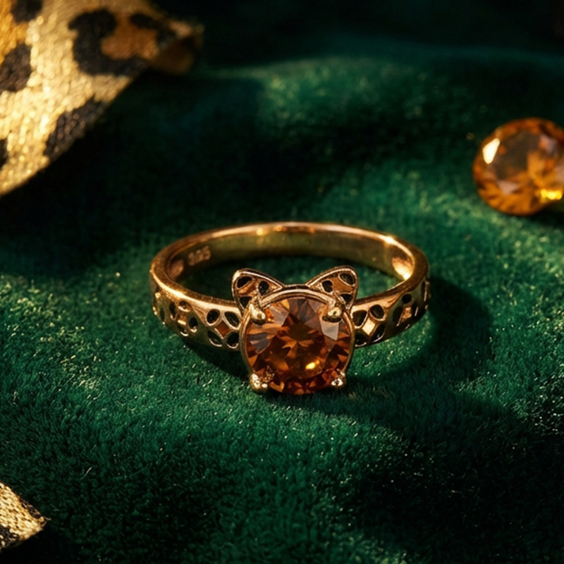 Sotiya Cat Design Round Cut Leopard Print Coffee Enamel Ring Sterling Silver-Sotiya