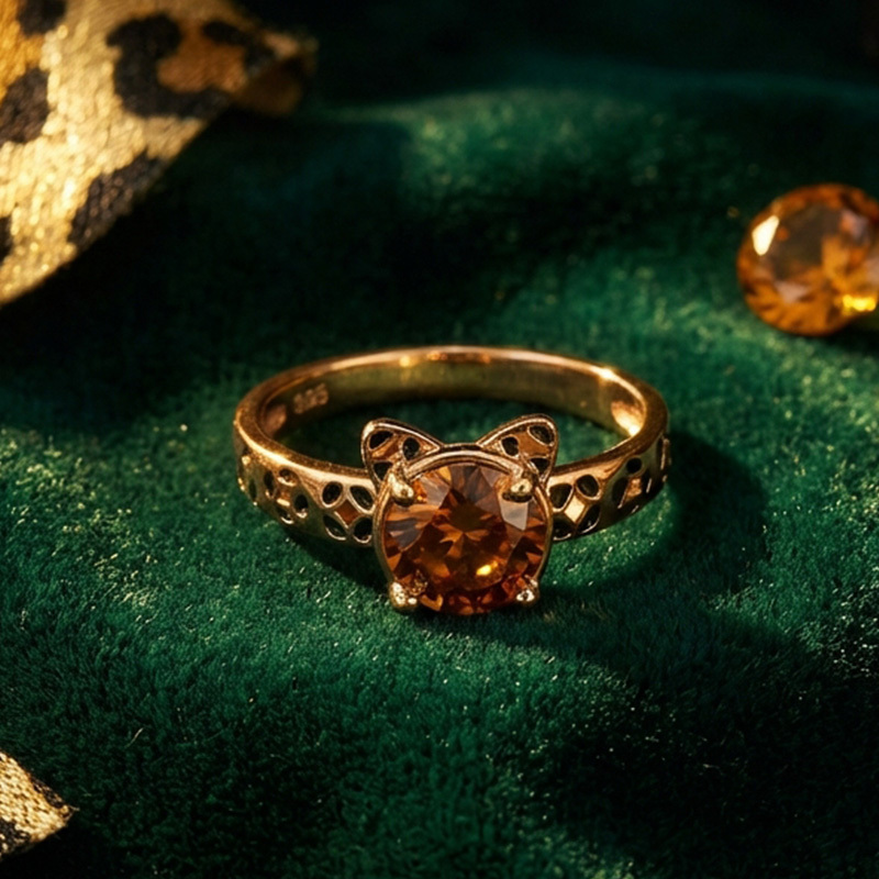 Sotiya Cat Design Round Cut Leopard Print Coffee Enamel Ring Sterling Silver-Sotiya