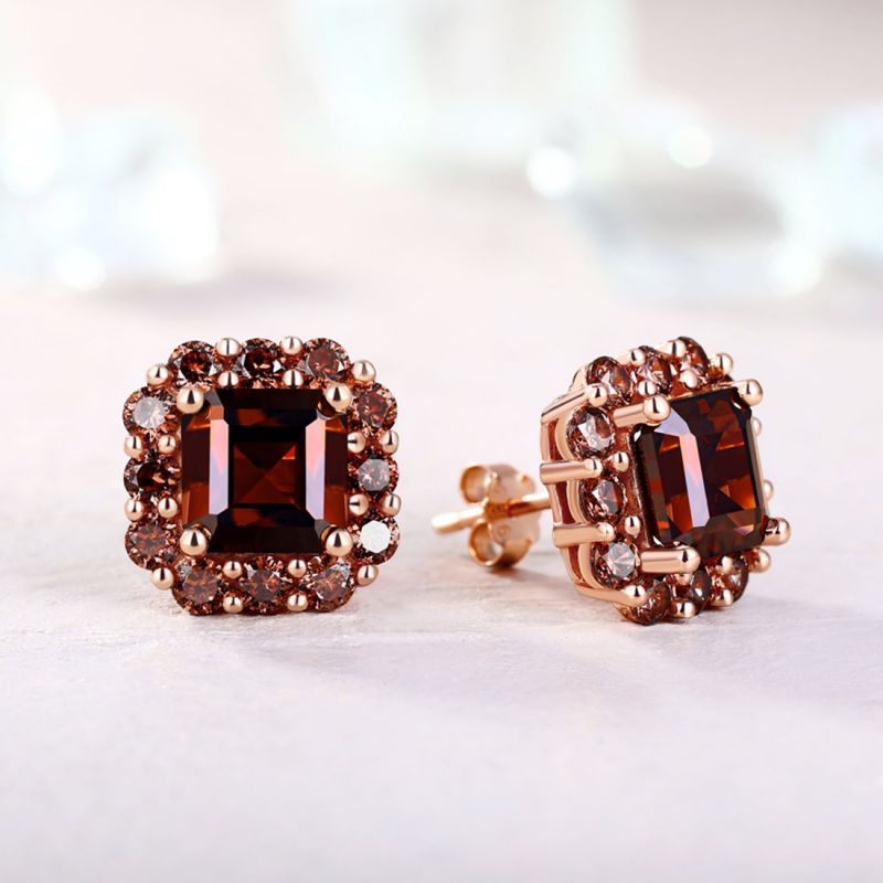 Sotiya Halo Asscher Cut Coffee Stud Earrings Sterling Silver-Sotiya