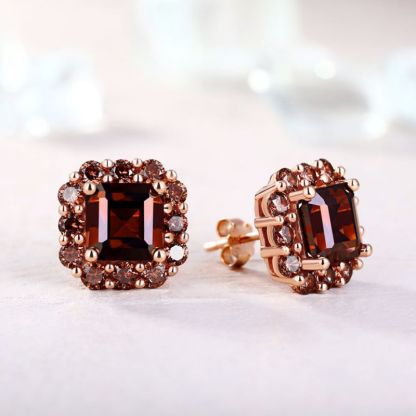 Sotiya Halo Asscher Cut Coffee Stud Earrings Sterling Silver-Sotiya