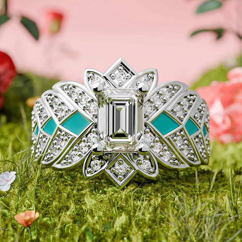 Sotiya Emerald Cut Starlight Enamel Engagement Ring Sterling Silver-Sotiya