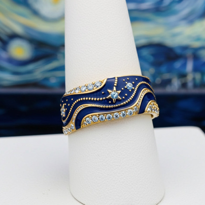 Sotiya Artist Collection Famous Painting Enamel Starry Night Curve Curl Design Women's Wedding Ring Band Sterling Silver Christmas Gift-Sotiya