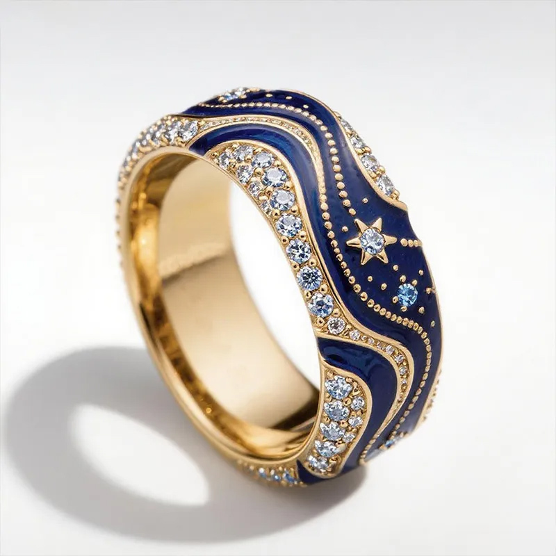 Sotiya Artist Collection Famous Painting Enamel Starry Night Curve Curl Design Women's Wedding Ring Band Sterling Silver Christmas Gift-Sotiya