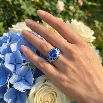 Sotiya Heart Cut Blue Leopard Print Enamel Ring Sterling Silver-Sotiya