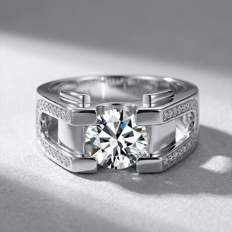 Sotiya Round Cut Moissanite Men's Wedding Ring Sterling Silver