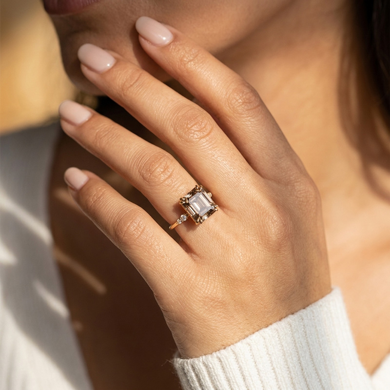 Sotiya Sidestone Coffee Asscher Cut Engagement Ring Sterling Silver