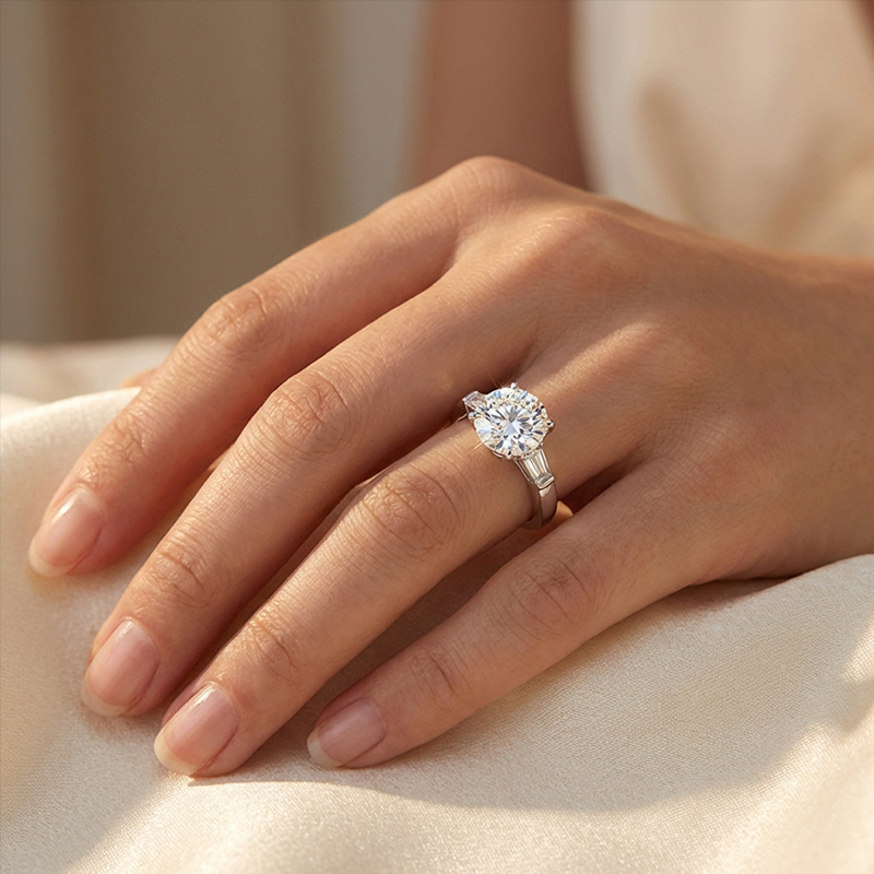 Sotiya Three Stone Round Cut Moissanite Engagement Ring Sterling Silver