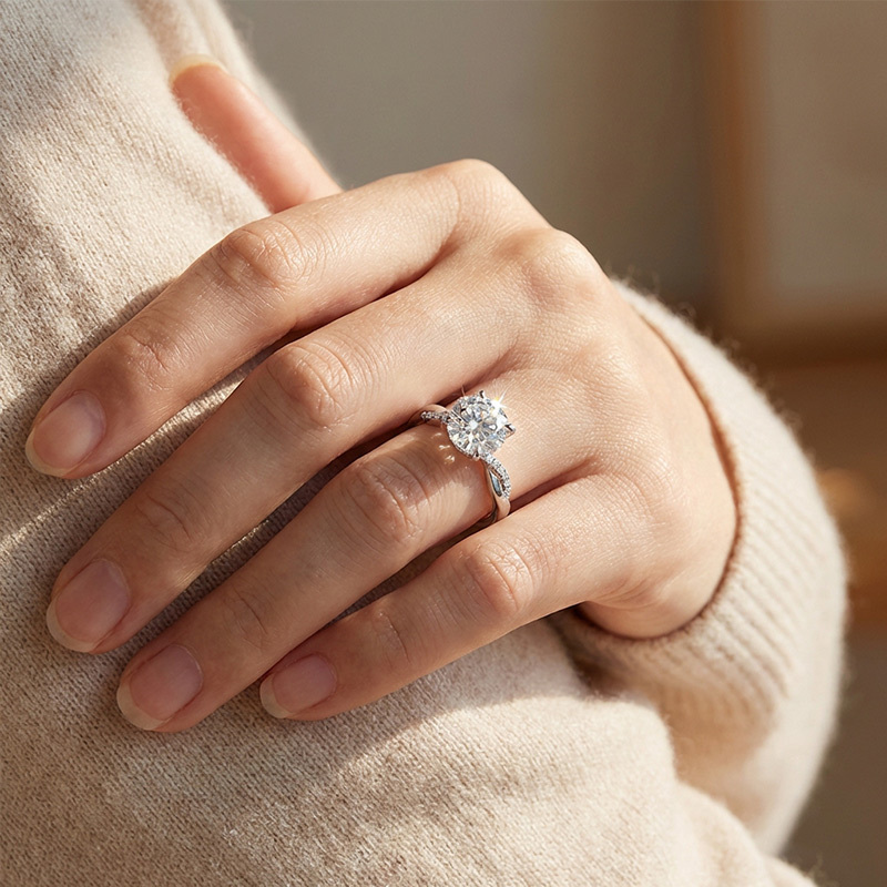 Sotiya Hidden Halo Twist Round Cut Moissanite Engagement Ring Sterling Silver