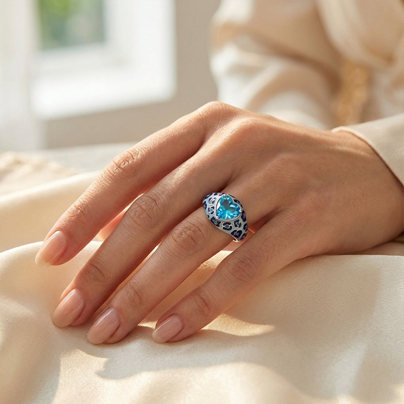 Sotiya Heart Cut Blue Leopard Print Enamel Ring Sterling Silver