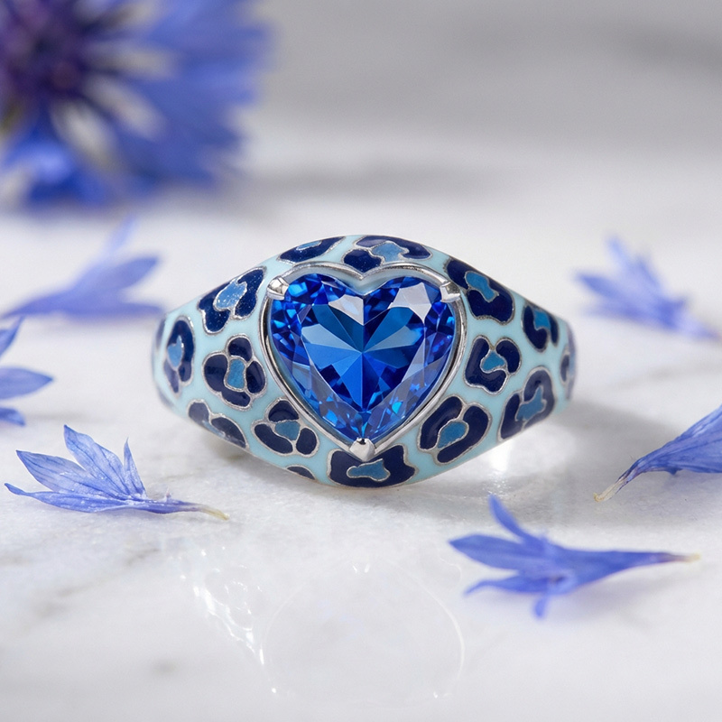 Sotiya Heart Cut Blue Leopard Print Enamel Ring Sterling Silver-Sotiya