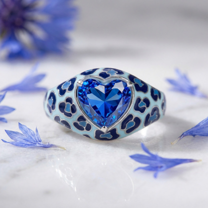 Sotiya Heart Cut Blue Leopard Print Enamel Ring Sterling Silver-Sotiya