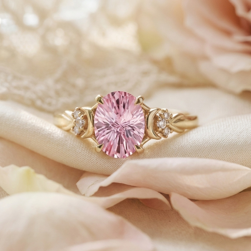 Sotiya Moon Design Pink Oval Fantasy Starbrite Cut Engagement Ring Sterling Silver-Sotiya