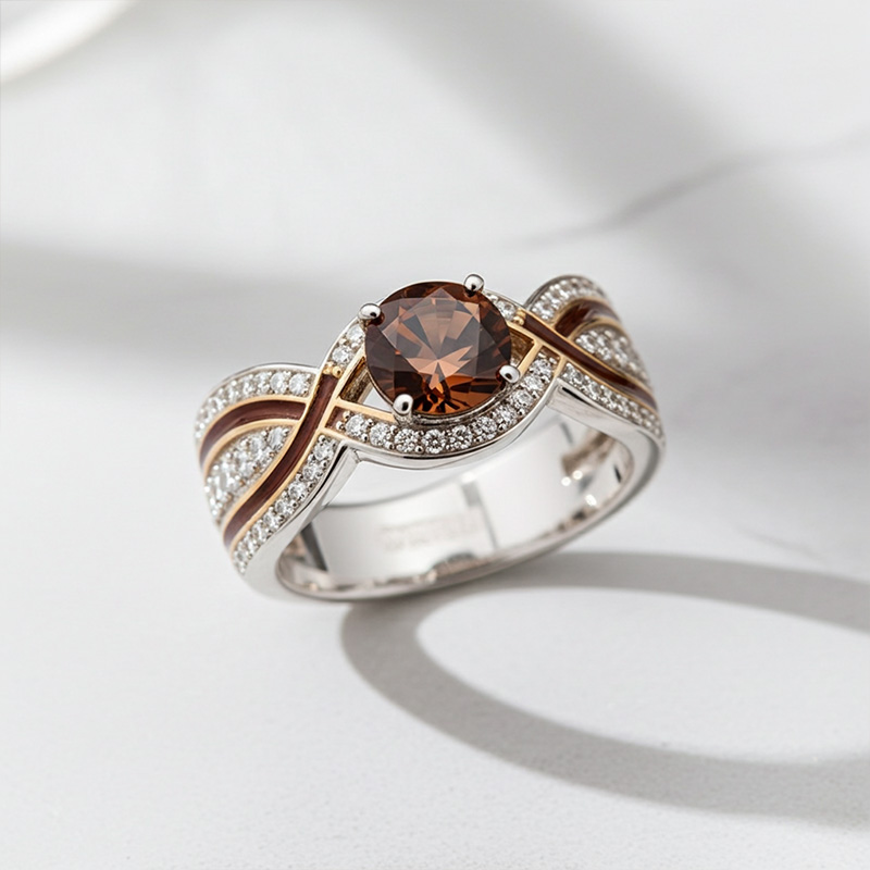 Sotiya Round Cut Crossover Coffee Enamel Engagement Ring Sterling Silver-Sotiya