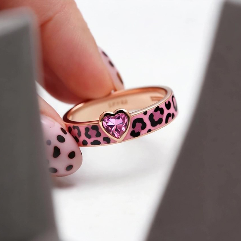 Sotiya Heart Cut Pink Leopard Print Enamel Ring Sterling Silver-Sotiya