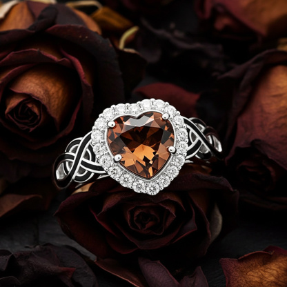 Sotiya Halo Heart Cut Knot Coffee Enamel Ring Sterling Silver-Sotiya