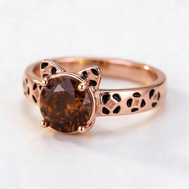 Sotiya Cat Design Round Cut Leopard Print Coffee Enamel Ring Sterling Silver-Sotiya