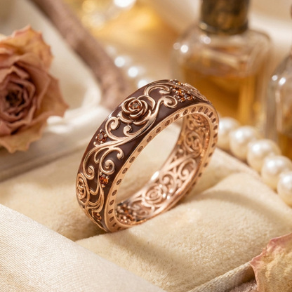 Sotiya Victorian Rococo Flower Enamel Round Cut Coffee Women's Wedding Ring Sterling Silver-Sotiya