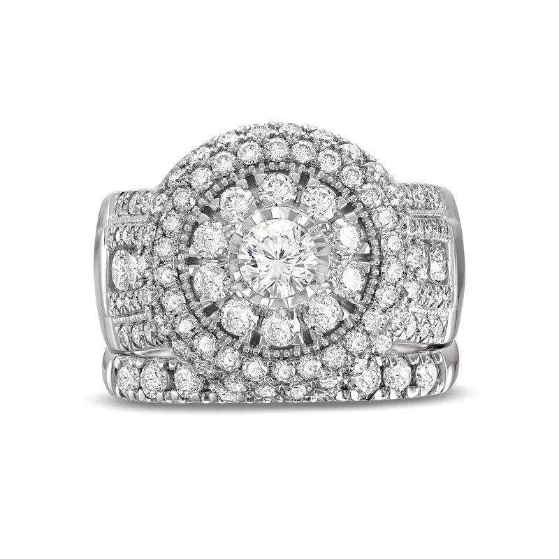 Sotiya Three Halo Milgrain Round Cut Wedding Ring Set Sterling Silver-Sotiya