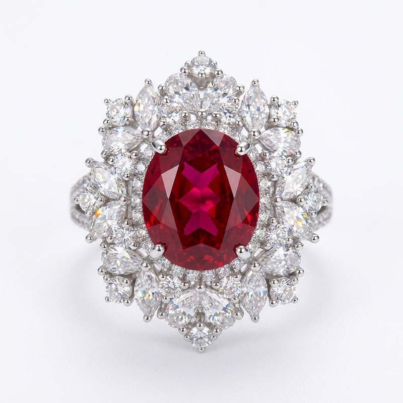 Sotiya Unique Halo Lab Grown Ruby Red Oval Cut Cocktail Ring Sterling Silver