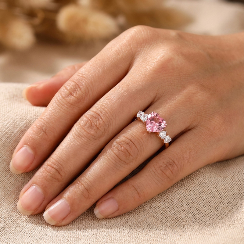 Sotiya Heart Sidestones Pink Heart Fantasy Starbrite Cut Engagement Ring Sterling Silver-Sotiya