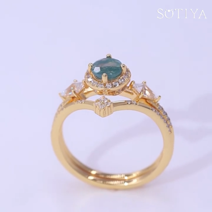 Sotiya Halo Round Cut Green Moss Agate Wedding Bridal Ring Set Sterling Silver
