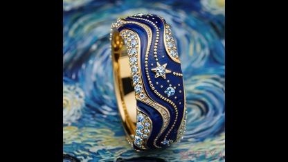 Sotiya Artist Collection Famous Painting Enamel Starry Night Curve Curl Design Women's Wedding Ring Band Sterling Silver