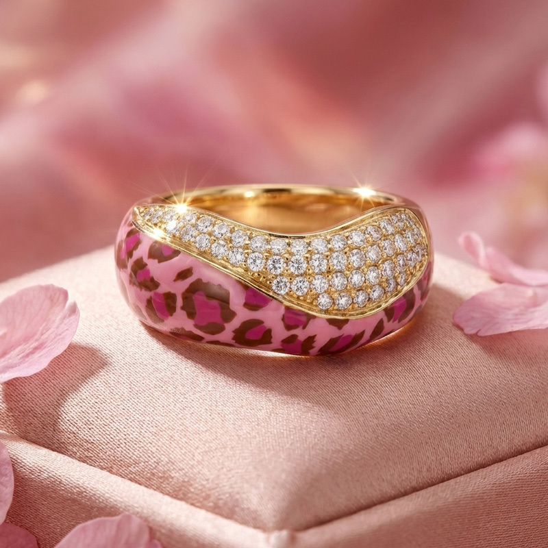 Sotiya Leopard Print Pink Enamel Ring Sterling Silver-Sotiya
