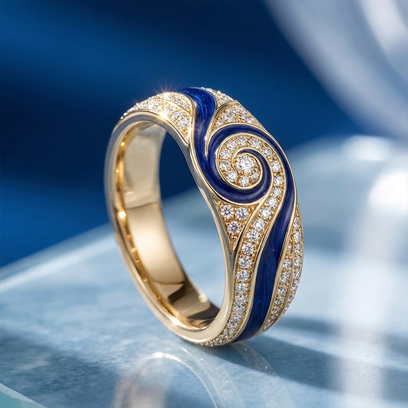 Sotiya Artist Collection Famous Painting Enamel Starry Night Curve Curl Design Women's Wedding Ring Band Sterling Silver